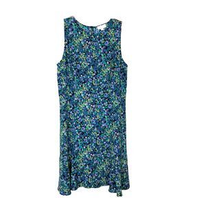 LOFT Women's Midi Dress Size 10 Purple Green Floral Ruffle at Hem Office